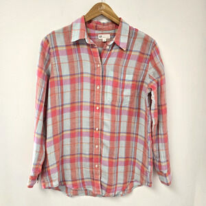 Gap Shirt Size M Pink Blue Plaid Button Up Long Sleeve Casual 100% Linen Womens